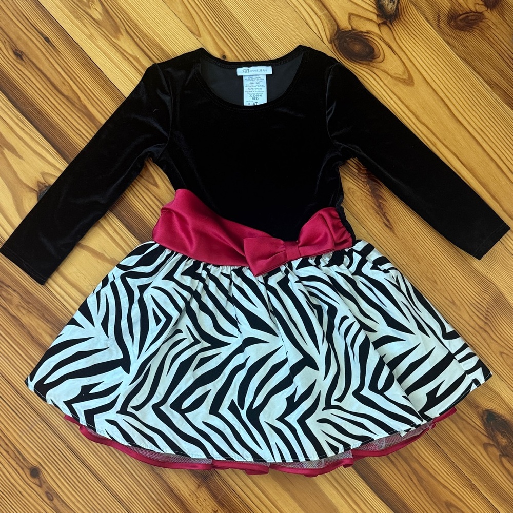 Bonnie Jean Black Dress with Red Bow Zebra Print EUC size 4T